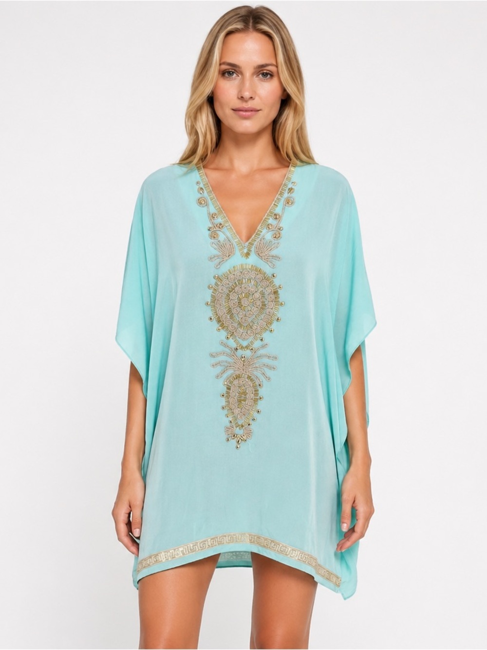 LILLY PULITZER Chai Caftan Pool Blue & Gold Beaded Tunic Dress Size Small/Medium